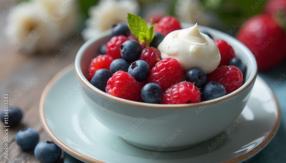 Bowl of fresh berries with cream and mint on a light blue plate Bowl of fresh berries with cream and mint on a light blue plate
