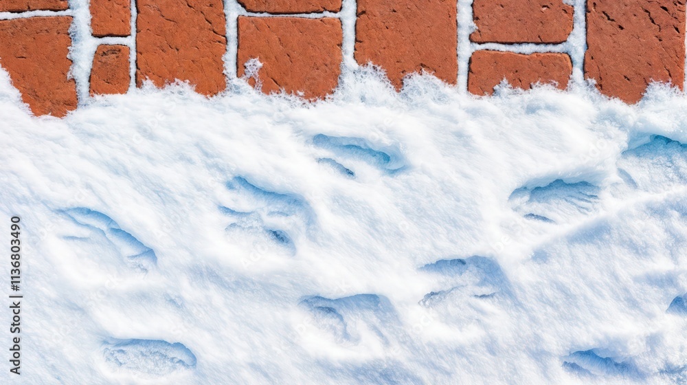 Snowy brick pavement with visible footprints and fresh snow covering parts of the surface