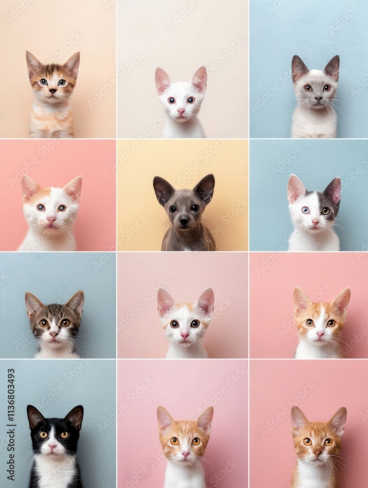 A colorful collage of cat faces, showcasing various breeds and expressions against pastel backgrounds. A colorful collage of cat faces, showcasing various breeds and expressions against pastel backgrounds.