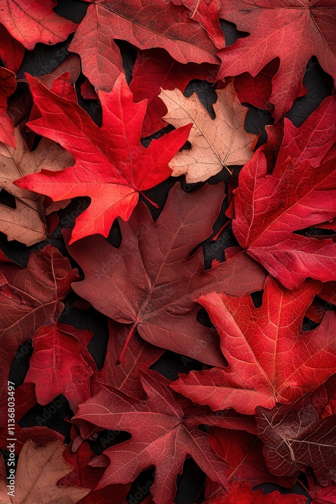 Fototapeta premium A vibrant display of red and orange autumn leaves arranged artistically on a dark background.