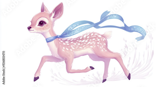 A vibrant and whimsical baby deer with a playful ribbon tied around its neck, fur in a soft lavender and cream gradient with subtle floral patterns, its eyes bright and full of wonder