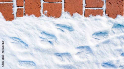Obraz na płótnie Snowy brick pavement with visible footprints and fresh snow covering parts of the surface
w salonie
