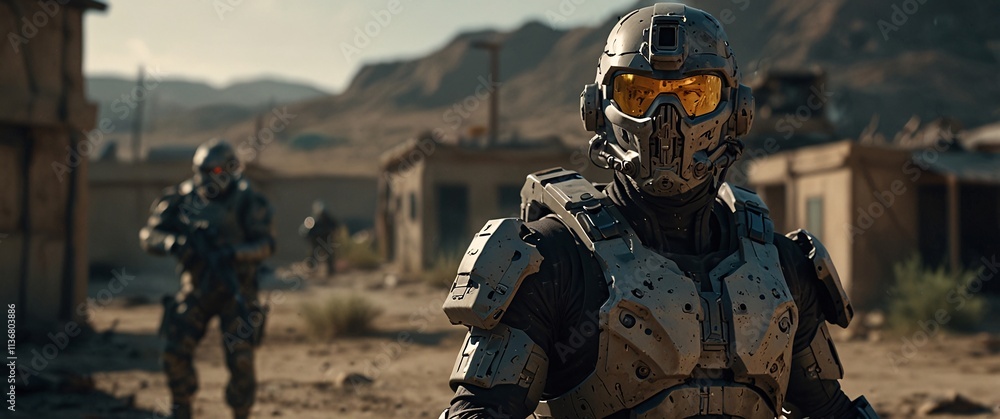 Desert Warfare: A lone soldier, clad in advanced combat armor, stands vigilant amidst the ruins of a desert town, his comrades patrolling in the background. The scene is gritty and cinematic. Desert Warfare: A lone soldier, clad in advanced combat armor, stands vigilant amidst the ruins of a desert town, his comrades patrolling in the background. The scene is gritty and cinematic.