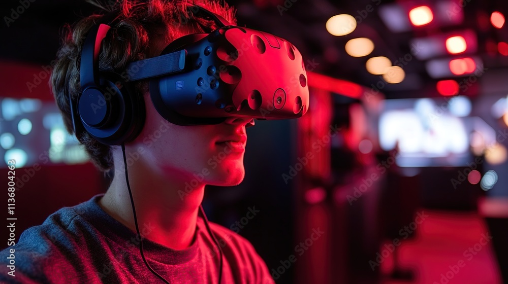 A young person wearing a VR headset, immersed in a virtual reality experience. A young person wearing a VR headset, immersed in a virtual reality experience.