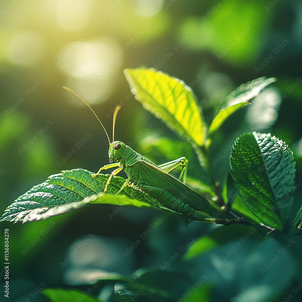 Grasshopper leaping on lush green leaves nature close-up vibrant sunlight macro photography wildlife exploration