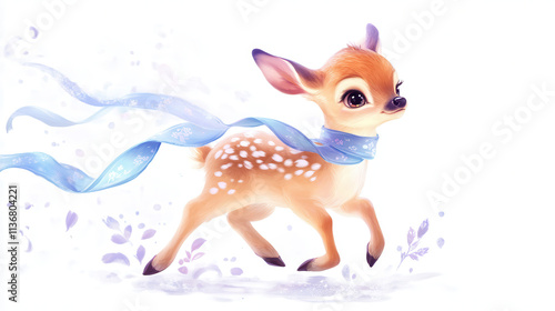 A vibrant and whimsical baby deer with a playful ribbon tied around its neck, fur in a soft lavender and cream gradient with subtle floral patterns, its eyes bright and full of wonder