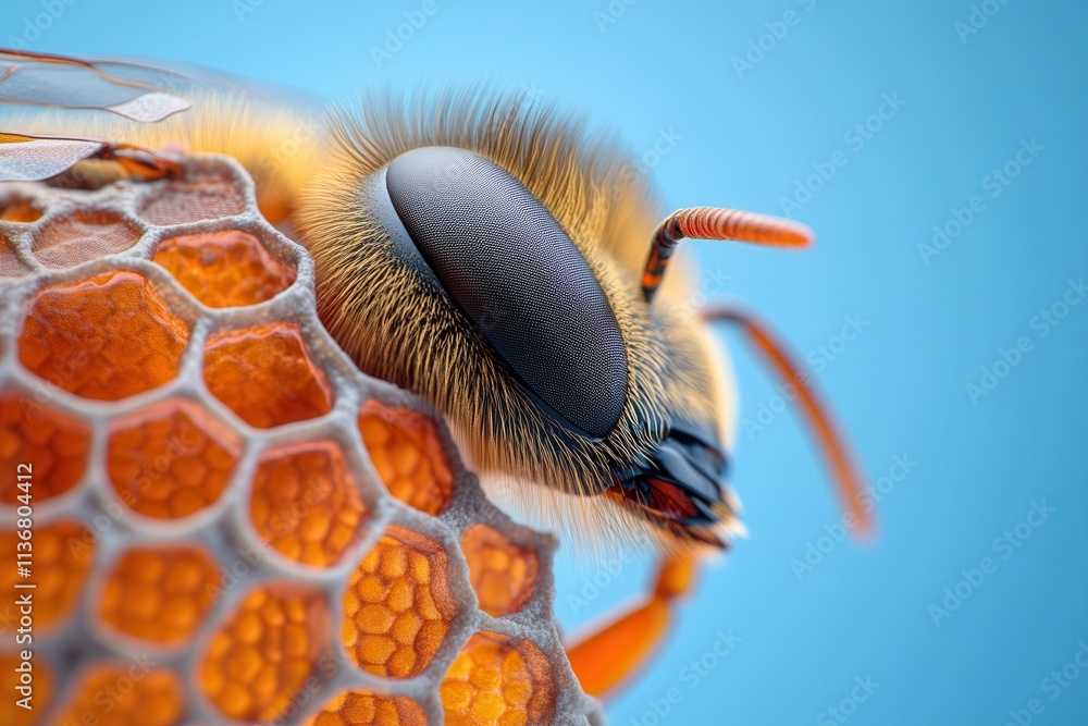 Obraz premium Close-up of a bee showcasing its intricate features and vibrant honeycomb background.