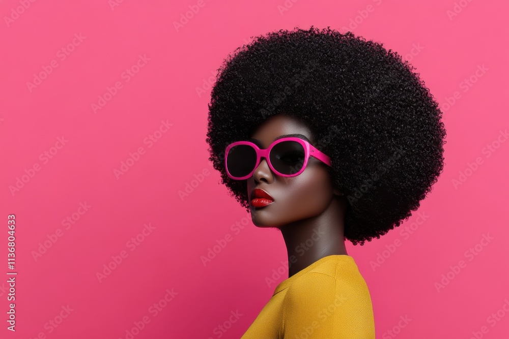 Stylish Black female mannequin with a large afro hairstyle and pink oversized sunglasses against a vibrant pink background.