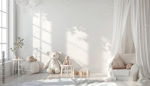 Fototapeta Naklejka Na Ścianę i Meble -  3d render of interior of child room with white wall and white bed