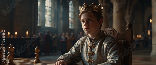 Young King's Contemplation: A pensive young boy king sits at a chessboard in a majestic medieval cathedral, his golden crown gleaming in the candlelight.  The weight of his kingdom is palpable. 