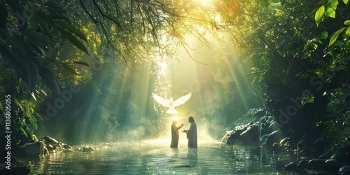 A serene scene of the baptism of Christ in the River Jordan, with John the Baptist gently pouring water over Jesus