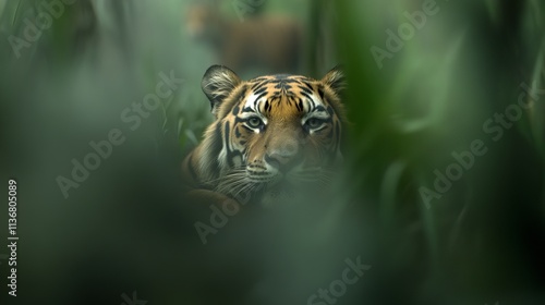 A focused tiger gazes through lush greenery, showcasing its striking orange and black stripes in a serene jungle setting.