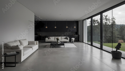 Wallpaper Mural Modern living room featuring a white sofa, minimalist decor, and large windows with a view of greenery outside. Torontodigital.ca