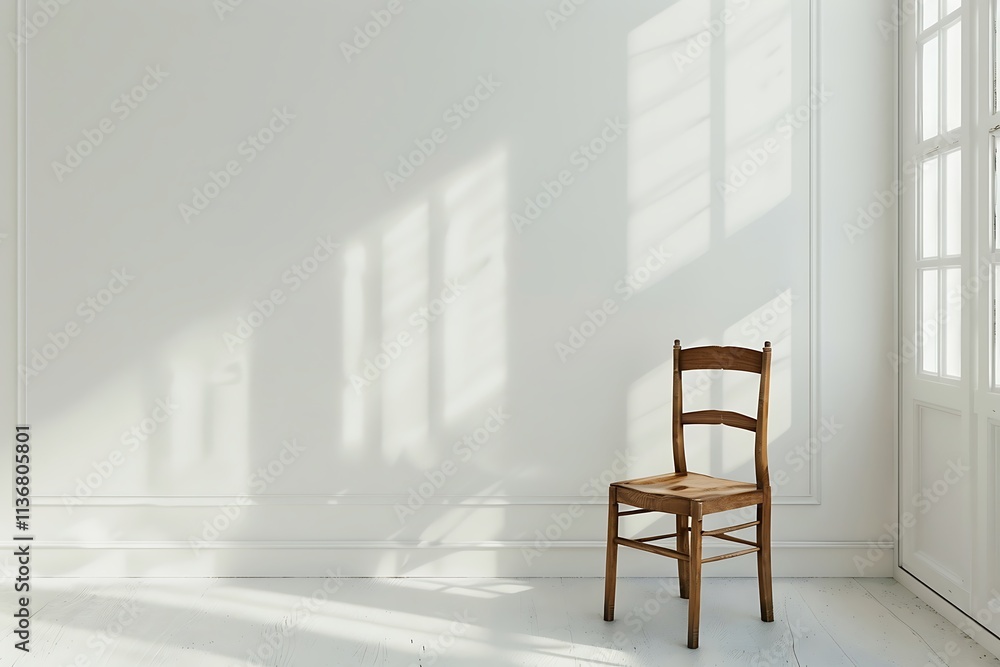 wooden chair in white room with window and shadow on the wall wooden chair in white room with window and shadow on the wall