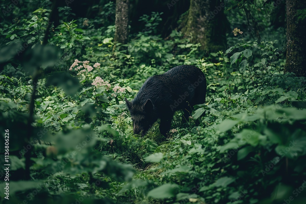 A wild boar foraging in a dense forest, surrounded by rich greenery A wild boar foraging in a dense forest, surrounded by rich greenery
