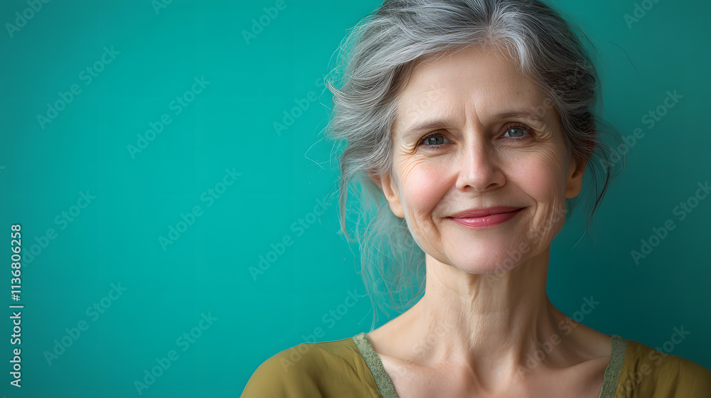 A gracefully aging woman with a warm smile and wise eyes radiates a sense of contentment against a vibrant . A gracefully aging woman with a warm smile and wise eyes radiates a sense of contentment against a vibrant .