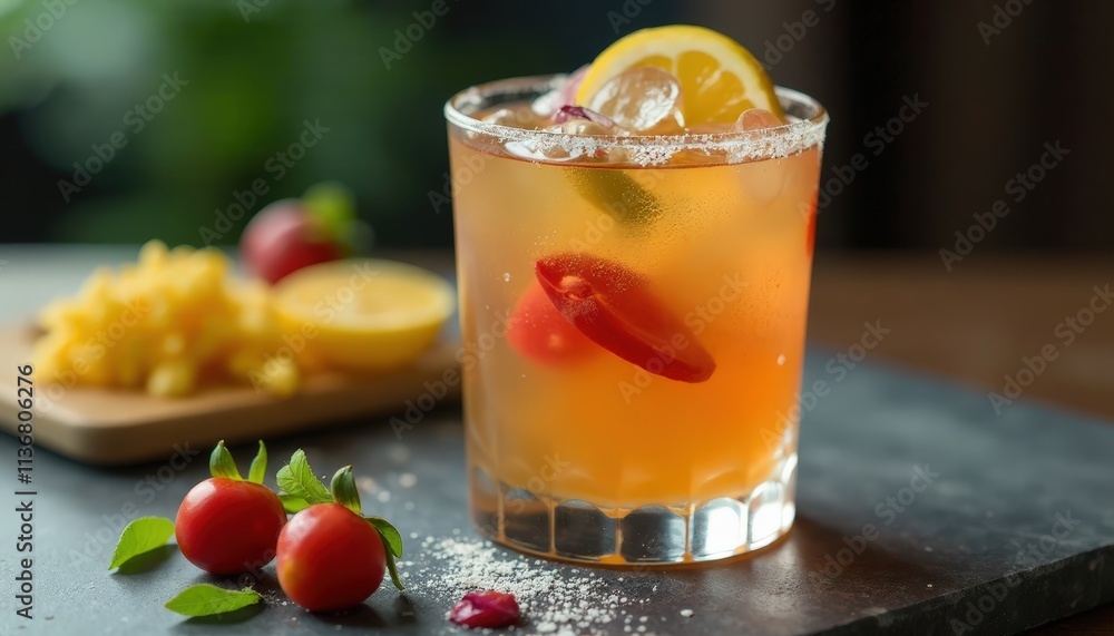 Refreshing cocktail with cherry tomatoes, lemon, and herbs in a glass Refreshing cocktail with cherry tomatoes, lemon, and herbs in a glass