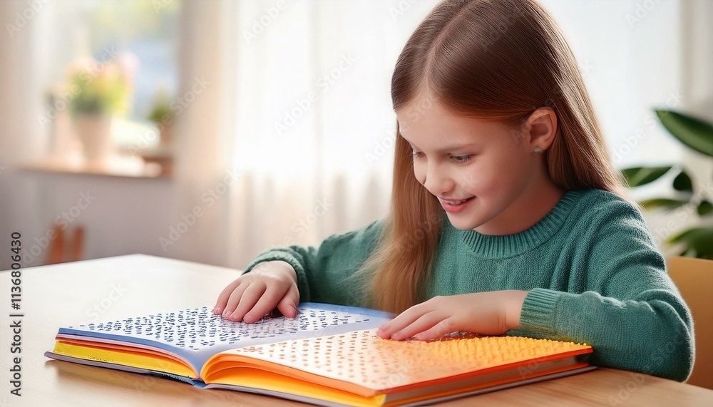 Generated image A visually impaired child learning to read Braille from a colorful, tactile children’s book Generated image A visually impaired child learning to read Braille from a colorful, tactile children’s book