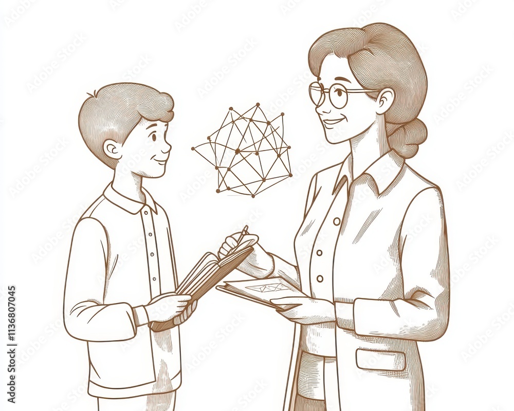 Obraz premium A young boy and a woman engaging in a lively discussion about science concepts, with a geometric illustration in the background.