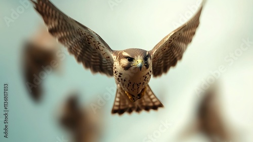 A majestic hawk soaring gracefully with outstretched wings against a soft blue sky. photo