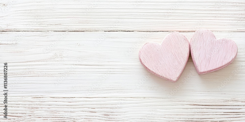 Obraz premium Two delicately crafted pink wooden hearts sit side by side on a rustic white surface, symbolizing affection and connection, perfect for a Valentines Day celebration filled with love and joy