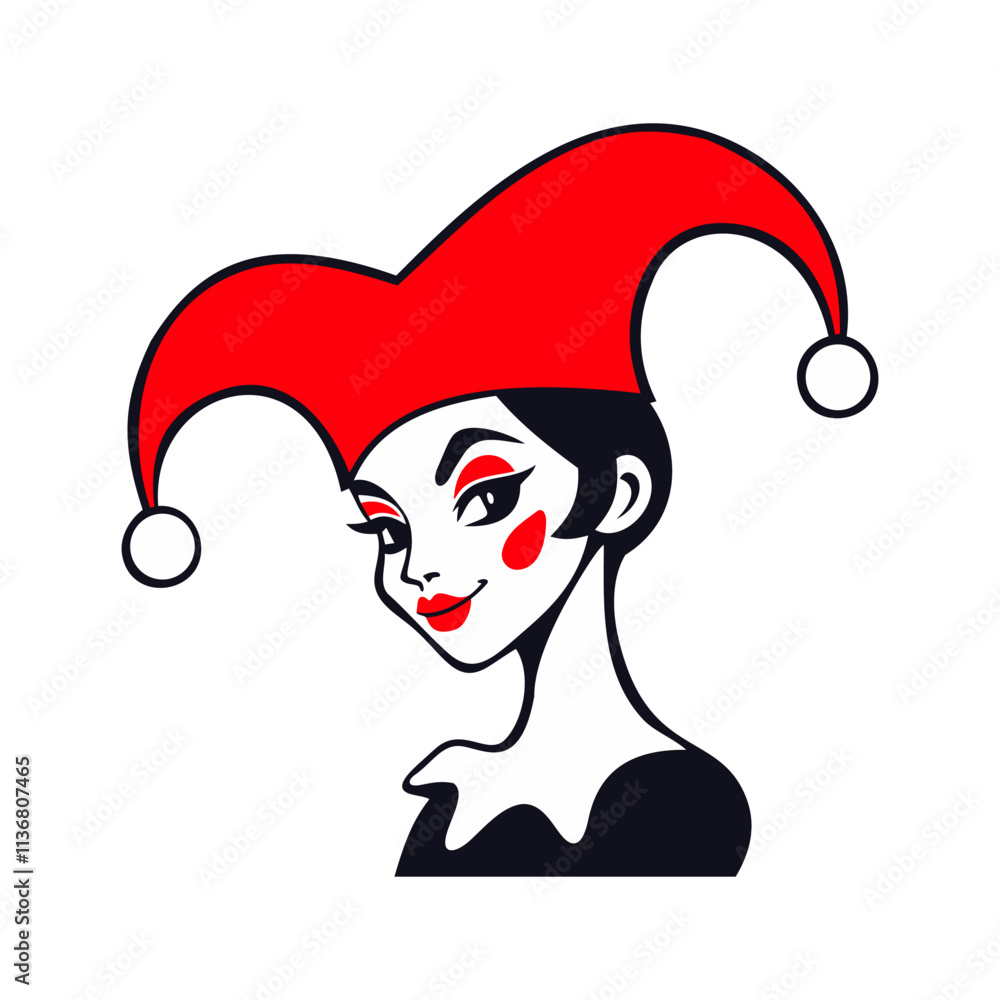 Columbine. One of the principal characters of italian commedia dell arte. Female portrait. Vector isolated illustration