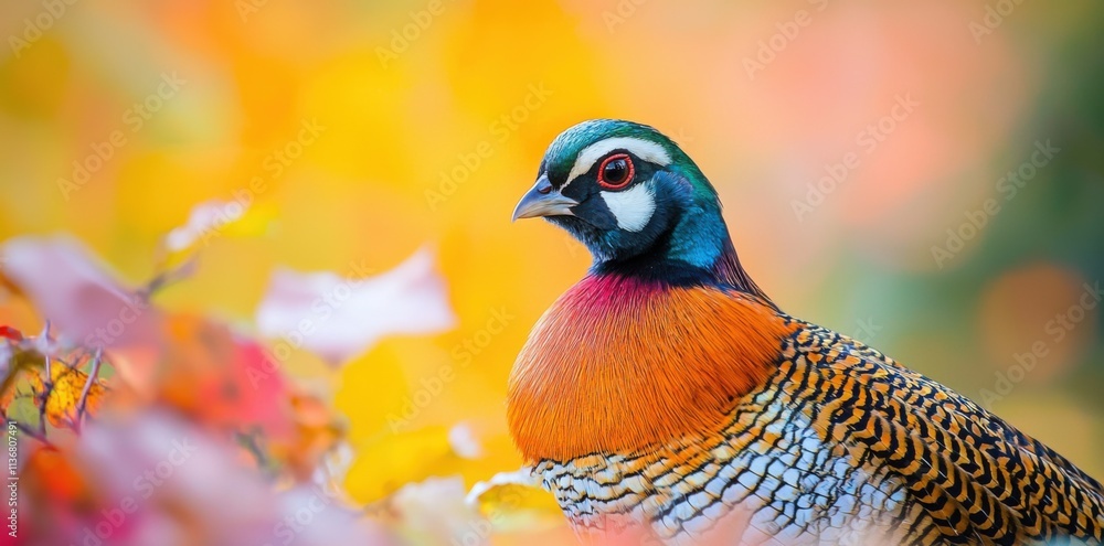 A stunning bird showcases its colorful plumage amidst a soft, blurred background of warm hues, captivating the viewer's attention. A stunning bird showcases its colorful plumage amidst a soft, blurred background of warm hues, captivating the viewer's attention.