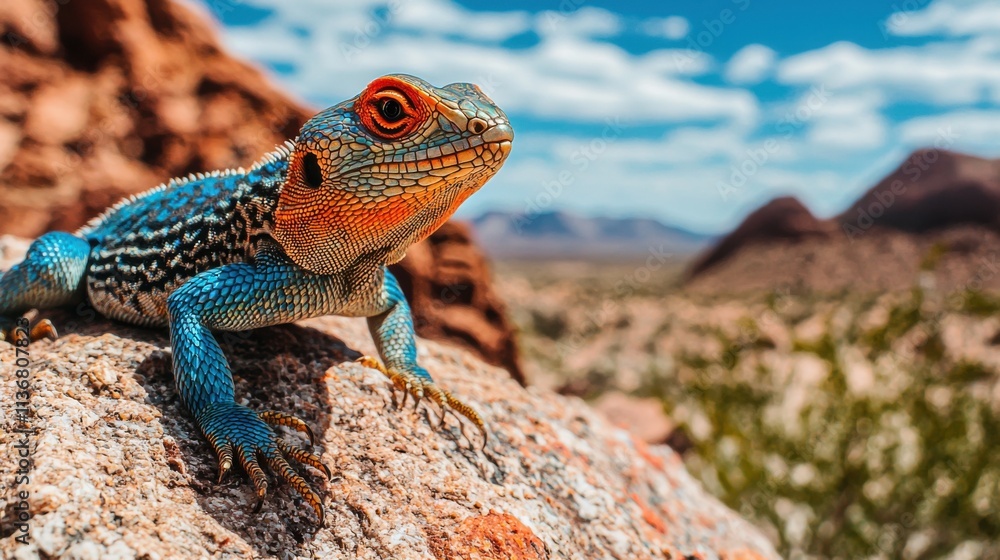 A vibrant lizard basks on a rock, showcasing striking colors against a stunning desert landscape, embodying nature's artistry. A vibrant lizard basks on a rock, showcasing striking colors against a stunning desert landscape, embodying nature's artistry.
