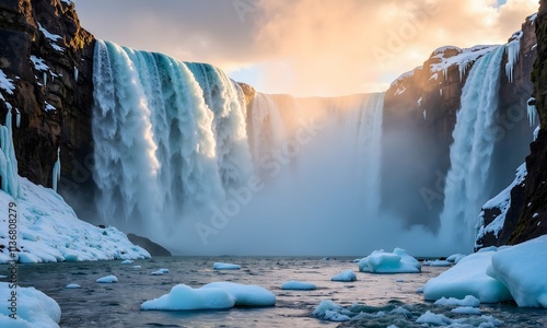 Majestic Hengifoss Waterfall in Winter, Iceland photo