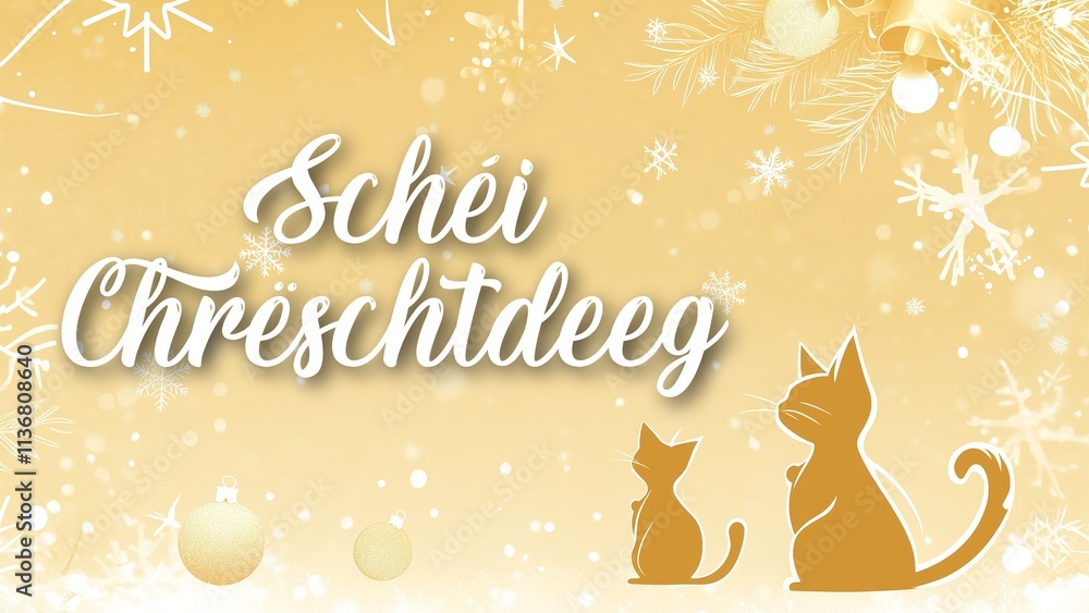 Obraz premium Festive Cat-Themed Christmas Background with Schéi Chrëschtdeeg Wish in Luxembourgish, Featuring Cute Cats and Holiday Cheer