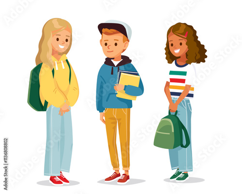 Vector set group of kids pupils children teenagers characters standing posing together in different poses, clothes, wear. Flat design. Children apparel fashion models. Classmates going to go to school