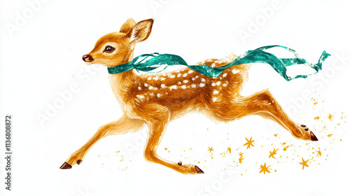 A charming and elegant baby deer in motion, its fur shimmering in shades of golden yellow and teal, intricate star-like markings across its back