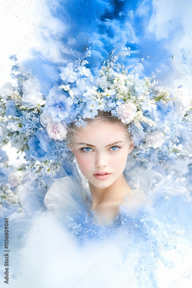 Springtime beauty adorned with an elaborate floral headdress showcasing blue and white hues