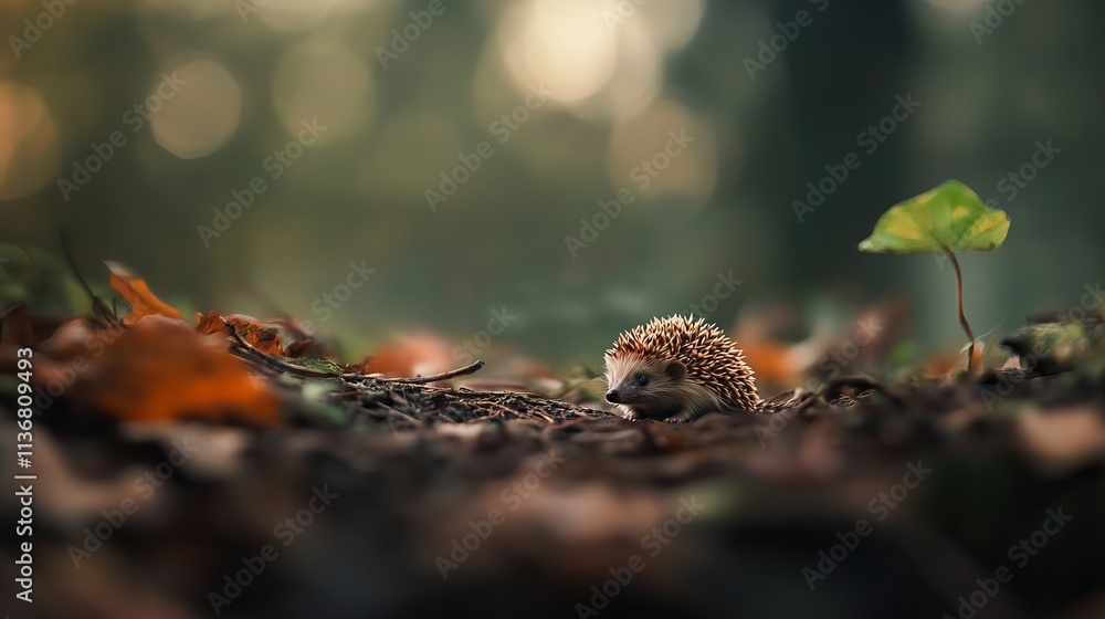 A curious hedgehog exploring the forest floor surrounded by autumn leaves and soft, dappled light. A curious hedgehog exploring the forest floor surrounded by autumn leaves and soft, dappled light.