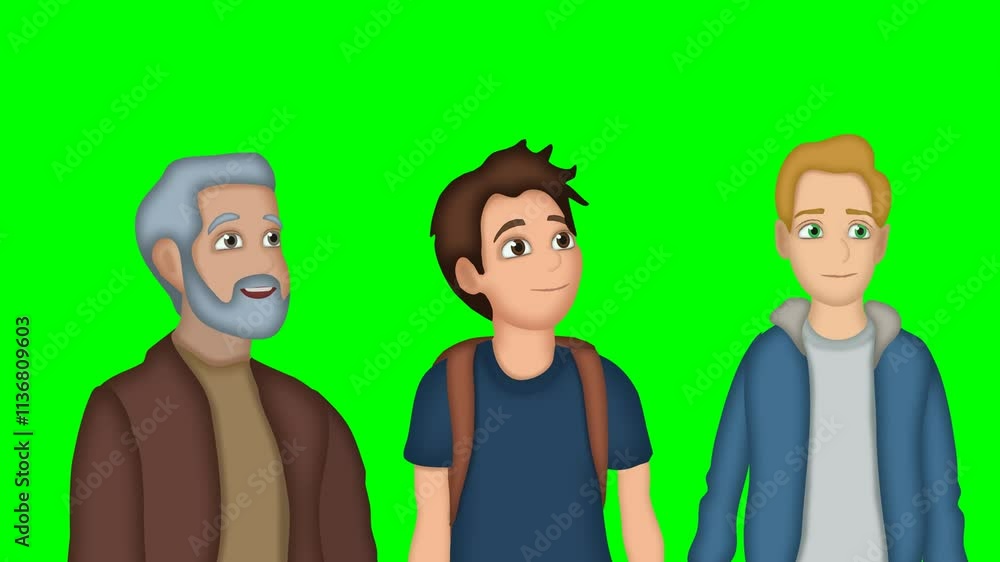 2d animated cartoon character of Three young and old men are watching and looking at the horizon, happy, smiling and shaking. in green screen background chroma key. 2d animated cartoon character of Three young and old men are watching and looking at the horizon, happy, smiling and shaking. in green screen background chroma key.
