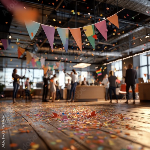 Vibrant celebration with colorful decorations in a lively office setting, featuring diverse attendees enjoying the festivities.