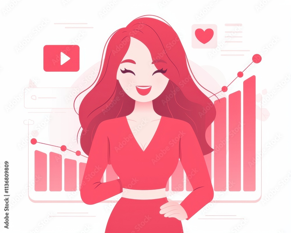 Cheerful young woman with long red hair, displaying confidence against a backdrop of growing statistics and social media icons. Cheerful young woman with long red hair, displaying confidence against a backdrop of growing statistics and social media icons.