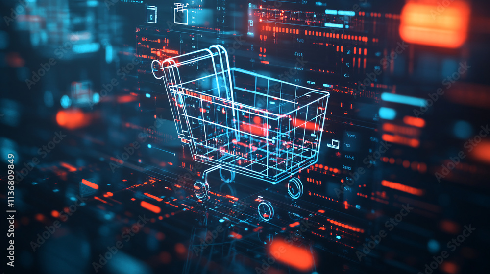 A cyber shopping cart icon surrounded by floating product images and data points, symbolizing e-commerce and online retail analytics. A cyber shopping cart icon surrounded by floating product images and data points, symbolizing e-commerce and online retail analytics.