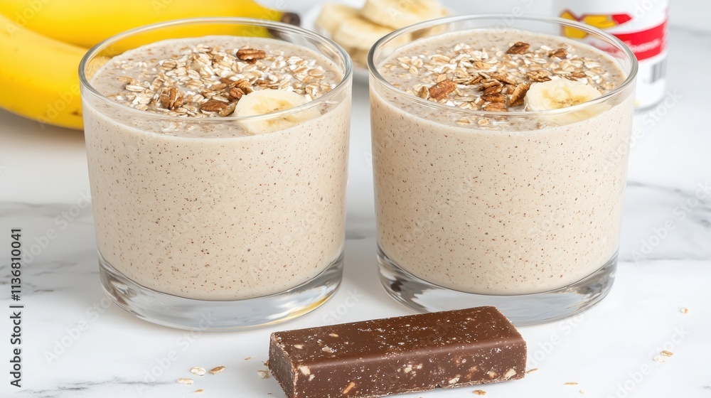 Delicious banana smoothies topped with oats and chocolate, perfect for a nutritious snack or breakfast. Delicious banana smoothies topped with oats and chocolate, perfect for a nutritious snack or breakfast.