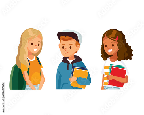 Vector set group of kids pupils teenagers characters standing posing together in different poses, clothes, wear. Flat design. Children fashion models. Kids apparel. Classmates going to go to school