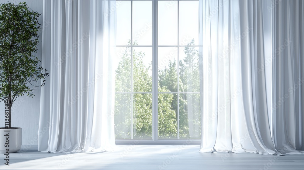 Bright and Airy Living Space with Large Window and Sheer White Curtains, Inviting Natural Light and Fresh Air with Lush Greenery Outside Bright and Airy Living Space with Large Window and Sheer White Curtains, Inviting Natural Light and Fresh Air with Lush Greenery Outside
