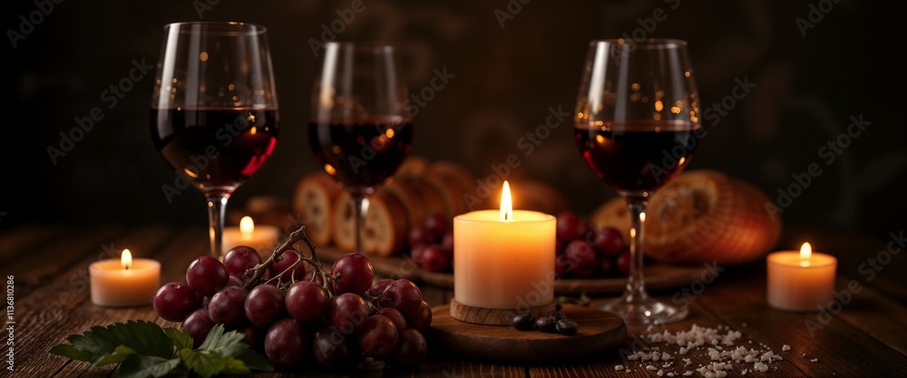 Cozy wine tasting setup with candles, grapes, and fresh bread on wooden table Cozy wine tasting setup with candles, grapes, and fresh bread on wooden table