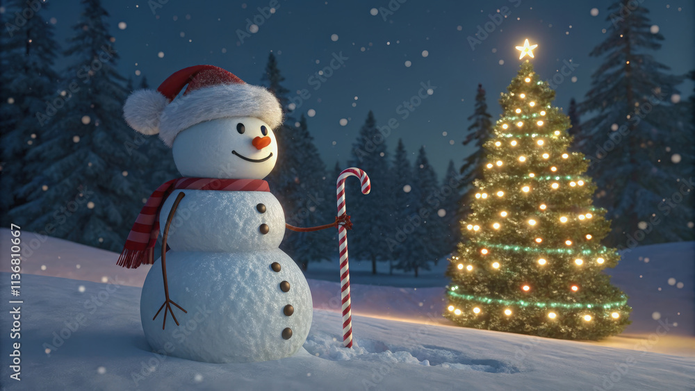 Fototapeta premium Snowman wearing a top hat and scarf, holding a glowing lantern under a snow-covered pine tree, watercolor effect, warm and cozy, festive.