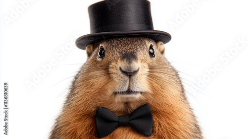 Furry marmot with festive hat on white background, February 2 Groundhog Day weather superstition folklore photo