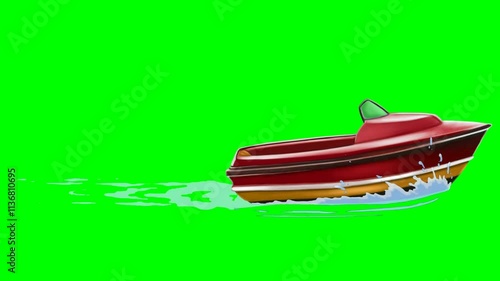 2d animated cartoon character of A fast-moving red motorboat skimming across the surface of a river or lake, its engine roaring as it speeds through the water, ideal for a fishing trip photo