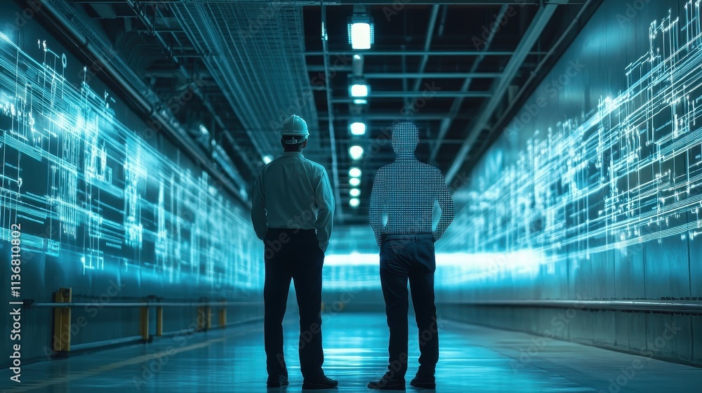Futuristic Technological Corridor with Silhouetted Figures Futuristic Technological Corridor with Silhouetted Figures