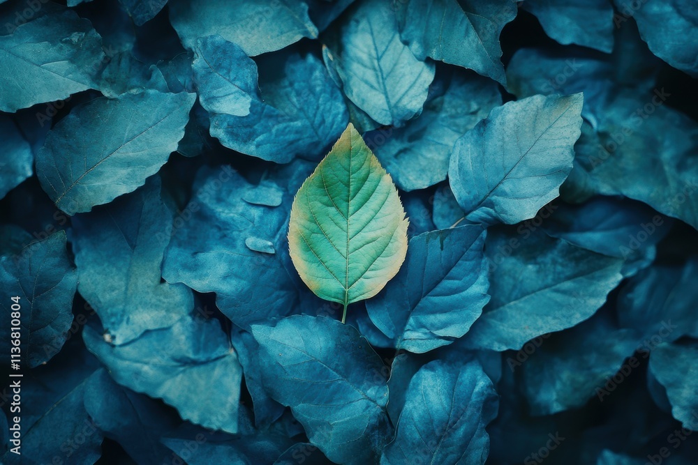 Obraz premium A single vibrant green leaf stands out amidst a sea of deep blue leaves, symbolizing individuality, nature, and environmental concepts. Ideal for eco-themes.