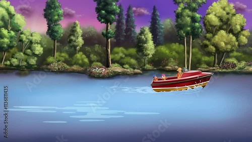 2d animated cartoon background of lake surrounded by trees with boats floating Suitable for nature animations, vacation videos, or calming scenes for children�s entertainment content photo