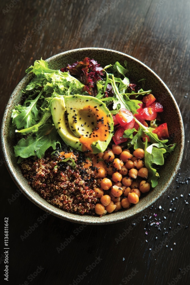 A fresh bowl of salad featuring healthy ingredients like quinoa, avocado, and various greens, ideal for a nutritious meal. A fresh bowl of salad featuring healthy ingredients like quinoa, avocado, and various greens, ideal for a nutritious meal.