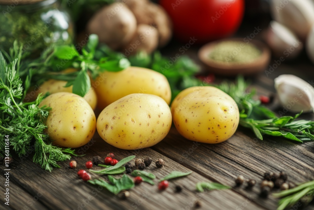 Rustic Yellow Potatoes on Wooden Table Rustic Yellow Potatoes on Wooden Table